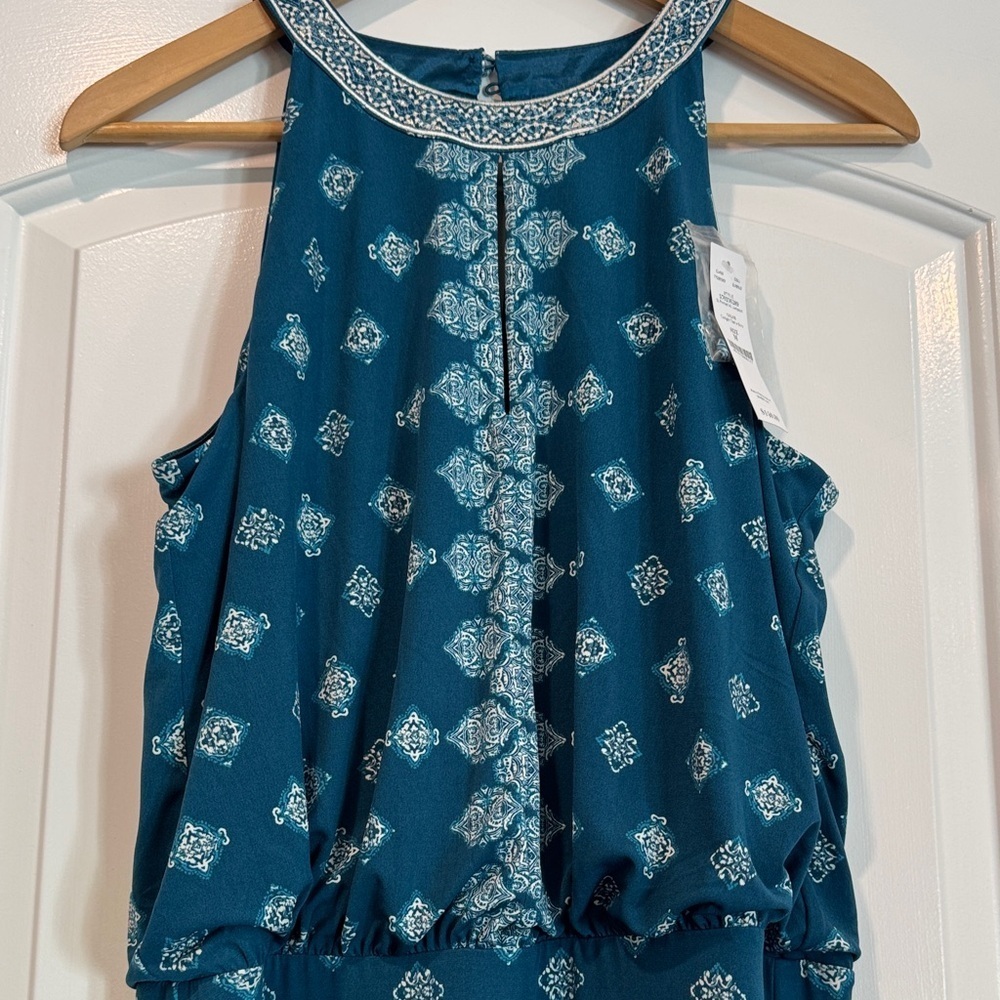 🔵 White House Black Market Twilight Teal Ecru Patterned MJ Jumpsuit Sz Med NWT - Picture 2 of 10